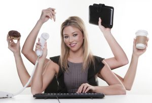 woman with six arms multitasking her work and daily life